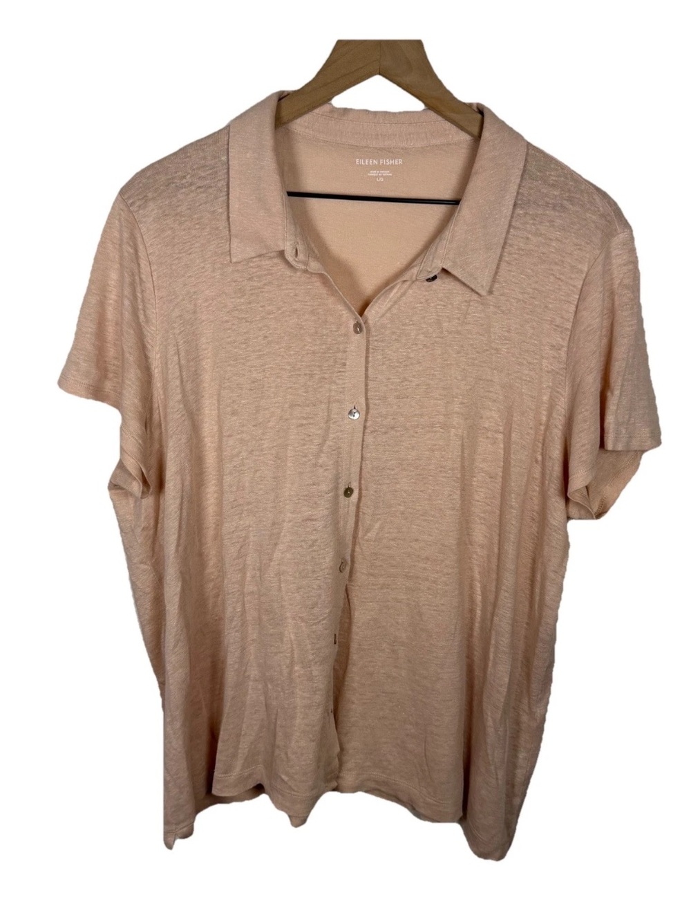 SOLD Fisher 100% Linen Button Up Collared Blouse Peach Size L Coastal Beach